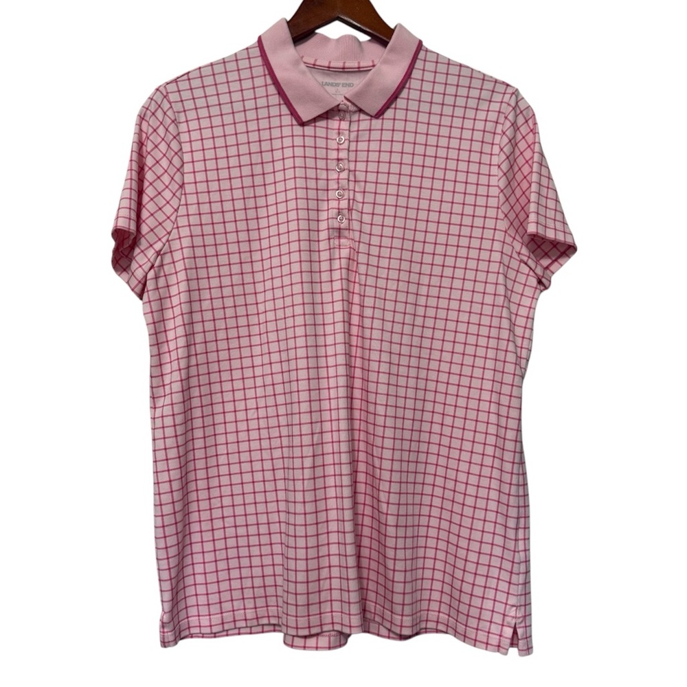 Lands’ End Window Pane Pink Check Golf Polo Shirt Women’s Size Large (14-16)